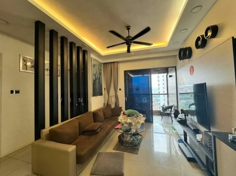 Living features: 3-seater fabric sofa in brown, coffee table, wall-mounted TV, TV console, ceiling fan with light, recessed LED downlights, floor-to-ceiling windows, curtains, decorative wall with vertical panels, area rug, decorative plants; style: modern; view: city.