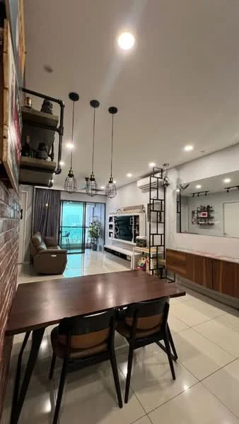 Living features: 3-seater leather sofa in brown, wooden dining table with 4 chairs, TV console with wall-mounted TV, open shelving unit, pendant lighting with 3 fixtures, floor-to-ceiling windows, curtains, white walls, tile flooring, air conditioning unit, decorative wall with exposed brick, greenery visible outside the window; style: modern; view: city.