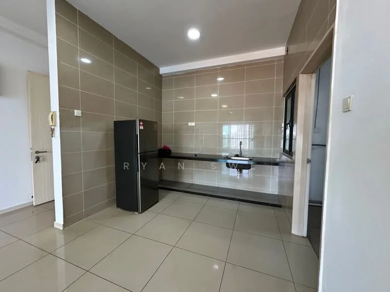 Kitchen features: grey tiled walls, glossy beige tile flooring, black countertop, stainless-steel fridge, single-bowl stainless-steel sink, chrome pull-down faucet, wall-mounted cabinets, window with view to outside; style: modern.