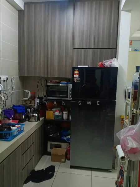 Kitchen features: laminate cabinetry in dark wood finish, light-colored countertop, stainless-steel fridge, built-in microwave, kitchen sink, ceramic tile flooring, wall-mounted cabinets, various kitchen appliances, open shelving, cluttered countertop with kitchen utensils; style: modern.