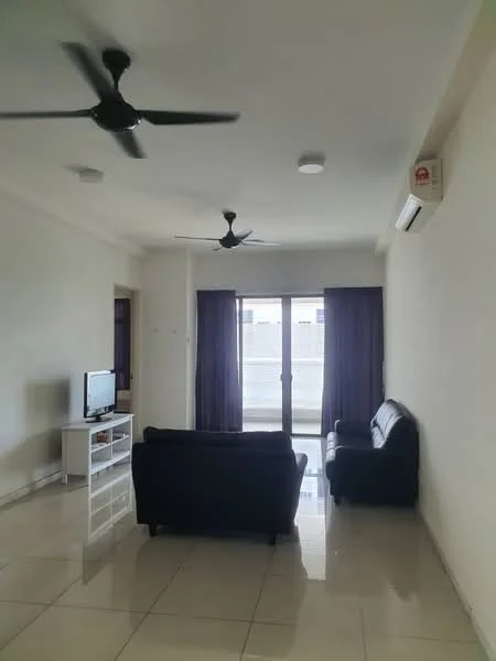 Living features: 2-seater leather sofa, 3-seater fabric sofa in black, white TV console, wall-mounted TV, floor-to-ceiling windows, sliding glass door, dark purple curtains, polished ceramic tile flooring, 2 ceiling fans, wall-mounted split AC, recessed ceiling lights; style: modern.