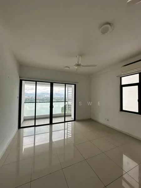 Living features: white painted walls, glossy tile flooring, 5-blade ceiling fan, floor-to-ceiling sliding glass doors, blackout curtains, window with view, air conditioning unit, neutral decor; style: modern; view: city.