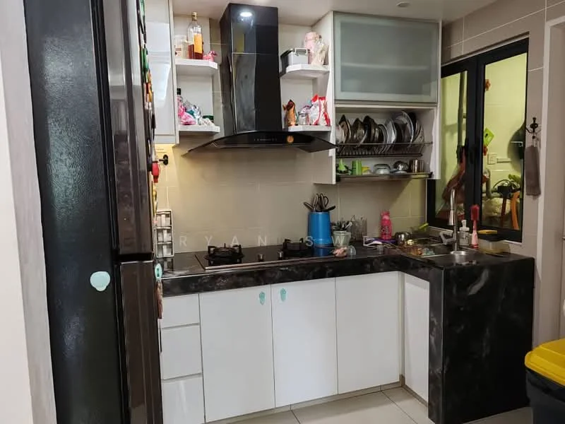 Kitchen features: black marble countertop, white cabinetry with flat-panel doors, stainless-steel range hood, built-in gas hob, single-bowl stainless-steel sink, chrome pull-down faucet, open shelving, wall-mounted cabinets, ceramic tile flooring, window with black frame, various kitchen utensils and appliances visible; style: modern.