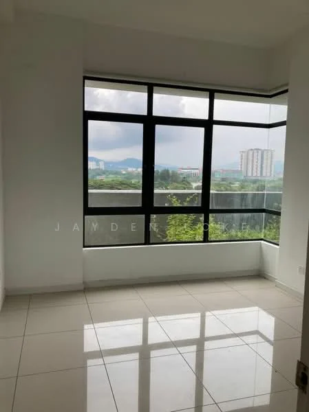 Room features: large floor-to-ceiling windows, white painted walls, glossy tile flooring, city view, natural light, corner room layout, minimalist design, neutral color palette; style: modern; view: city.