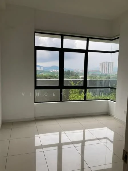 Room features: large floor-to-ceiling windows, white painted walls, glossy ceramic tile flooring, city view, natural light, corner window, minimalist design, neutral color palette; style: modern; view: city.