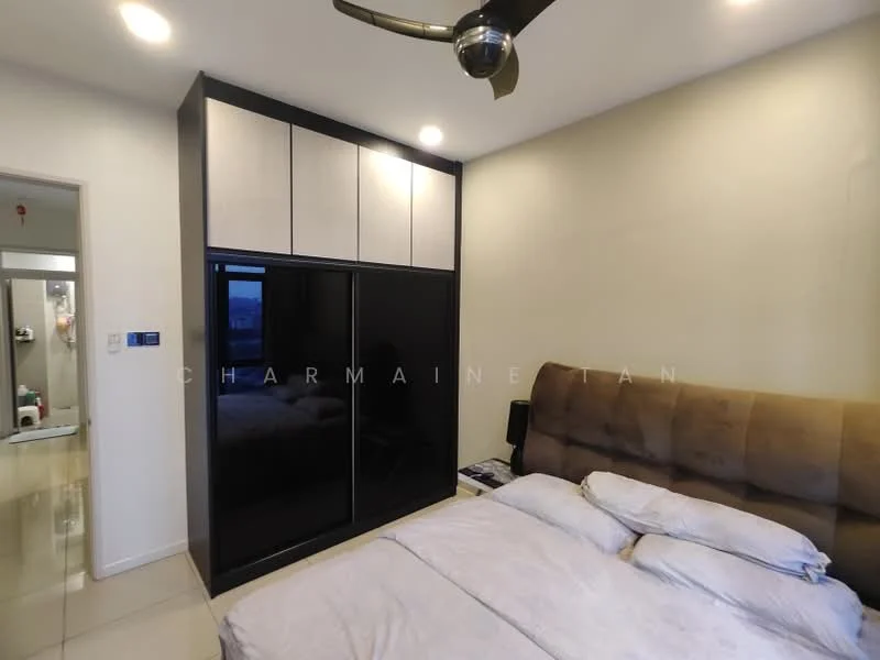 Bedroom features: queen-size bed with light bedding, upholstered headboard in brown, built-in wardrobe with black glass doors, light-colored walls, recessed ceiling lights, ceiling fan, tile flooring, window with city view; style: modern; view: city.