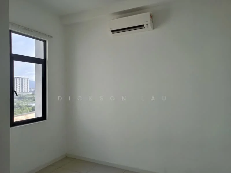 Room features: white painted walls, floor-to-ceiling window, 1 wall-mounted split AC, tile flooring; view: city.