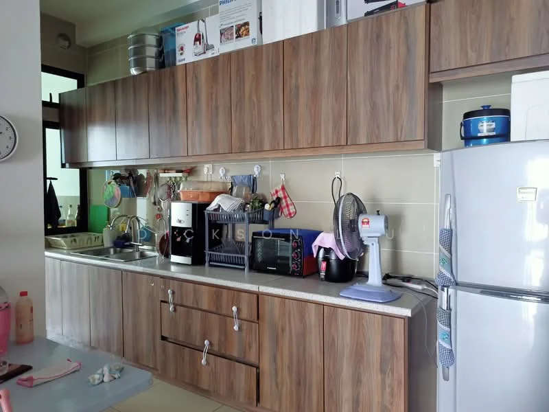 Kitchen features: wood cabinetry, grey countertop, stainless-steel fridge, built-in microwave, freestanding oven, kettle, toaster, dishwasher, 2-blade ceiling fan, wall-mounted shelves, decorative dish towels, sink with faucet; style: modern.