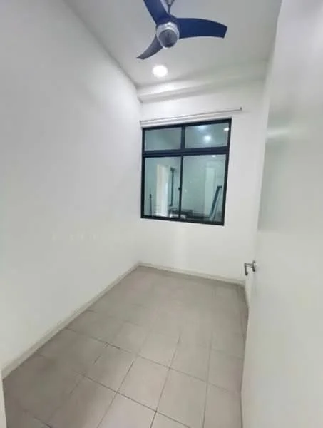 Room features: white painted walls, tile flooring, ceiling fan, large window, natural light, neutral color scheme, minimalist design, no visible furniture; style: modern.