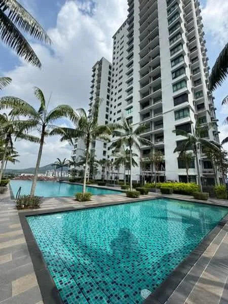 Exterior type: high-rise condominium; features: infinity pool, pool deck with loungers, landscaped garden with palm trees, glass curtain wall facade, multiple storeys, surrounded by water, modern architecture; style: modern.
