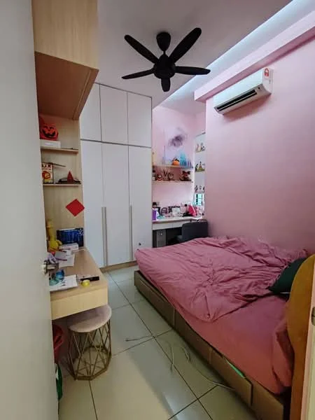 Bedroom features: pink painted walls, ceiling fan, wall-mounted split AC, queen-size bed with pink bedding, built-in wardrobe with sliding doors, study desk with chair, decorative items on shelves, tile flooring; style: modern.