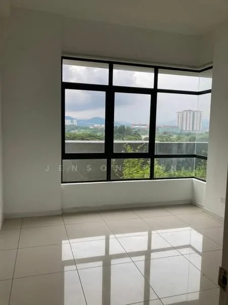 Room features: large floor-to-ceiling windows, white painted walls, glossy ceramic tile flooring, city view, natural light, minimalist design; style: modern; view: city.