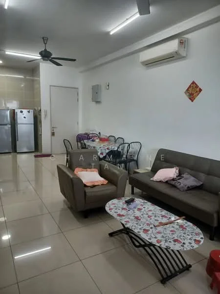 Living features: 3-seater fabric sofa in grey, 2-seater fabric sofa in beige, coffee table with floral pattern, ceiling fan, wall-mounted split AC, tile flooring, white painted walls, dining table with chairs, refrigerator, decorative wall art; style: modern.