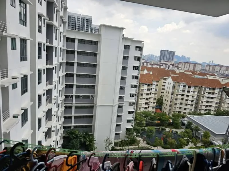 Exterior type: high-rise condominium; features: white painted facade, glass balcony railing, surrounded by landscaped gardens, view of city skyline, multiple storeys visible, adjacent buildings in the background, manicured lawn, swimming pool visible in the distance; style: modern.