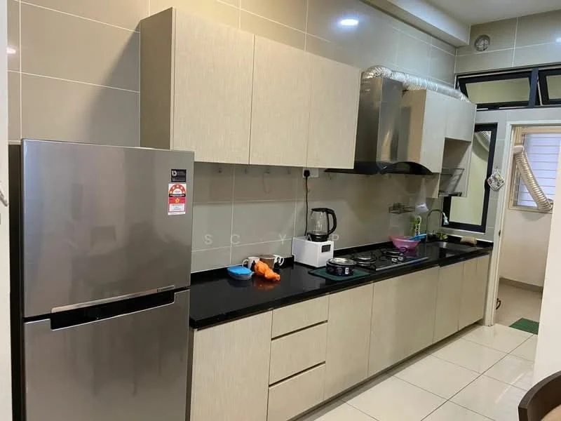Kitchen features: light wood cabinetry, black granite countertop, stainless-steel fridge, built-in gas stove, exhaust hood, kettle, white microwave, sink, tile backsplash, white tiled walls, white tiled flooring, window with blinds; style: modern.