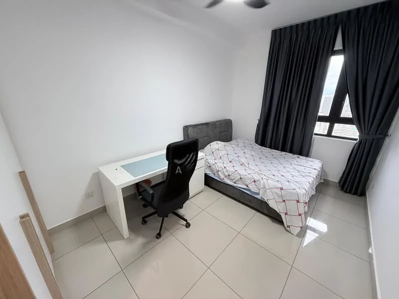 Bedroom features: queen-size bed with white and red patterned bedding, black ergonomic office chair, white desk with glass top, floor-to-ceiling window, dark grey curtains, white painted walls, glossy tile flooring, ceiling fan; style: modern; view: city.