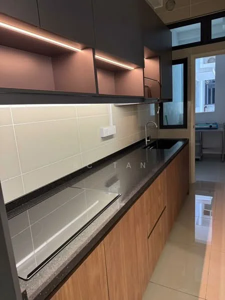 Kitchen features: black granite countertop, wood cabinetry, grey upper cabinets, white tiled backsplash, stainless-steel sink, chrome pull-down faucet, built-in induction cooktop, recessed LED downlights, sliding window, open shelving, tile flooring; style: modern.