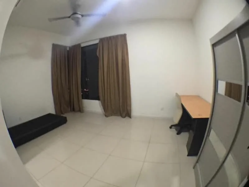 Room features: white painted walls, light-colored floor tiles, floor-to-ceiling window, brown curtains, ceiling fan, desk with black legs, black bed frame, minimalist decor; style: modern; view: city.