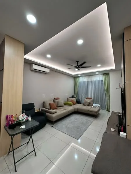 Living features: L-shape sectional sofa in beige, coffee table, wall-mounted TV, TV console, area rug, 5-blade ceiling fan with light, recessed downlights, cream painted walls, white tiled flooring, floor-to-ceiling windows with sheer curtains, green curtains, air conditioning unit; style: modern.