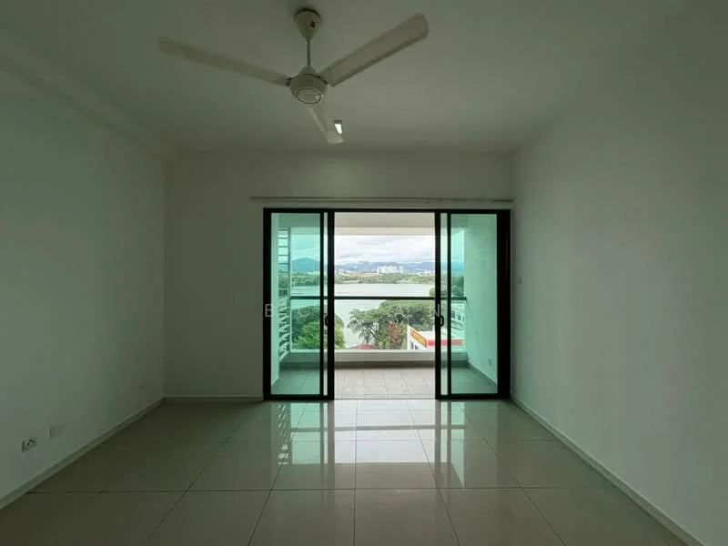 Living features: white painted walls, glossy ceramic tile flooring, 5-blade ceiling fan with light, floor-to-ceiling sliding glass doors, balcony access, city view, natural light from large windows; style: modern; view: city.
