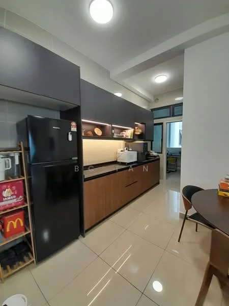 Kitchen features: black refrigerator, wood cabinetry, black countertop, built-in microwave, stainless-steel sink, chrome pull-down faucet, ceramic tile flooring, recessed downlights, open shelving, kitchen island, dining table, dining chairs; style: modern.