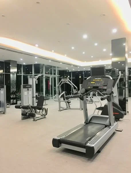 Room features: treadmill, weight machine, exercise bike, mirrored walls, carpeted flooring, ceiling lights, black glass panels, fitness equipment, open layout; style: modern.