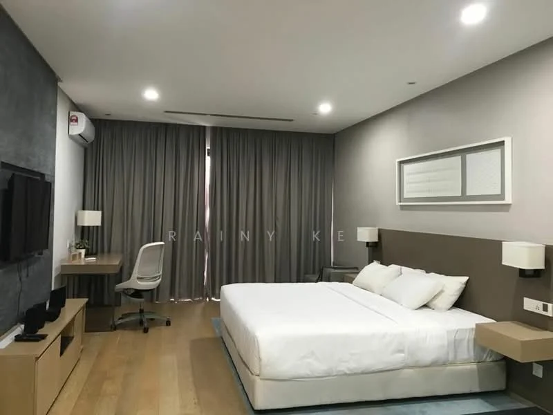 Bedroom features: king-size bed with white bedding, upholstered headboard, wooden flooring, wall-mounted TV, desk with chair, curtains, recessed downlights, nightstands with lamps, air conditioning unit, decorative wall panel, grey accent wall; style: modern.