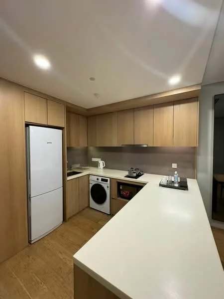 Kitchen features: white refrigerator, built-in oven, white countertop, wood cabinetry, stainless-steel sink, chrome pull-down faucet, washing machine, 4-burner gas hob, grey backsplash, recessed downlights, wood flooring, open shelving; style: modern.