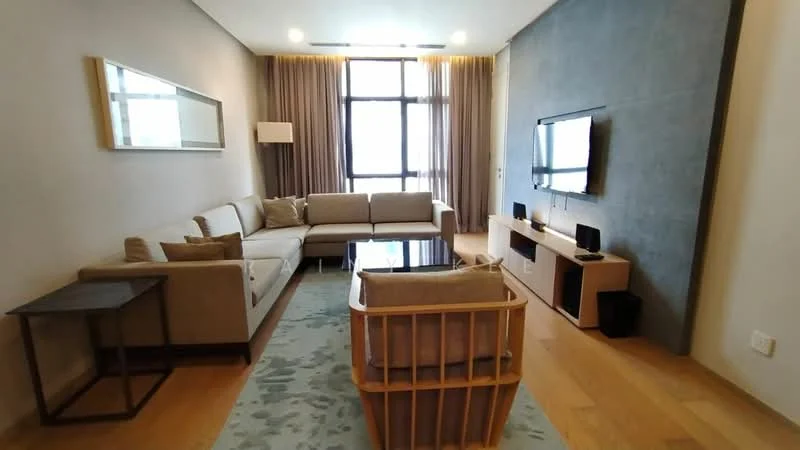 Living features: L-shape sectional sofa in beige, coffee table, wall-mounted TV, TV console with storage, wooden flooring, large window with sheer curtains, decorative wall with textured finish, area rug with geometric pattern, wall sconce lighting, framed mirror, side table; style: modern.