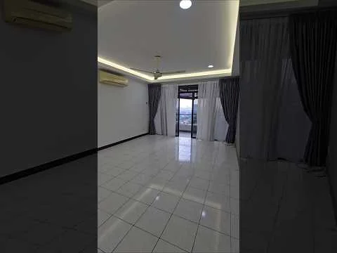 Living features: white painted walls, glossy ceramic tile flooring, tray ceiling with recessed lighting, 5-blade ceiling fan, floor-to-ceiling windows, sliding glass door, sheer curtains, blackout curtains, air conditioning unit; style: modern; view: city.