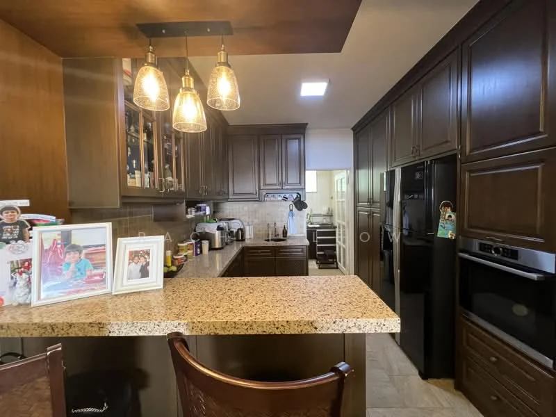 Kitchen features: granite countertop, dark wood cabinetry, built-in oven, stainless-steel fridge, microwave, pendant lighting, tile backsplash, double-basin stainless-steel sink, chrome pull-down faucet, bar seating with stools, ceramic tile flooring, recessed ceiling lights; style: modern.