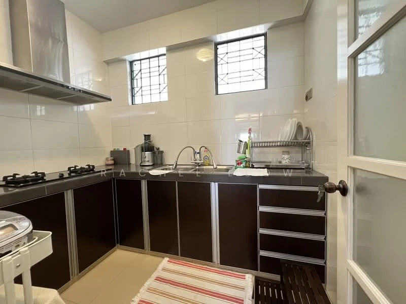 Kitchen features: black cabinetry with stainless-steel handles, white tiled walls, stainless-steel countertop, double-bowl stainless-steel sink, chrome pull-down faucet, 4-burner gas hob, built-in oven, refrigerator, open shelving, dish rack, window with decorative grille, floor tiles in beige, kitchen towel, kitchen mat; style: modern.