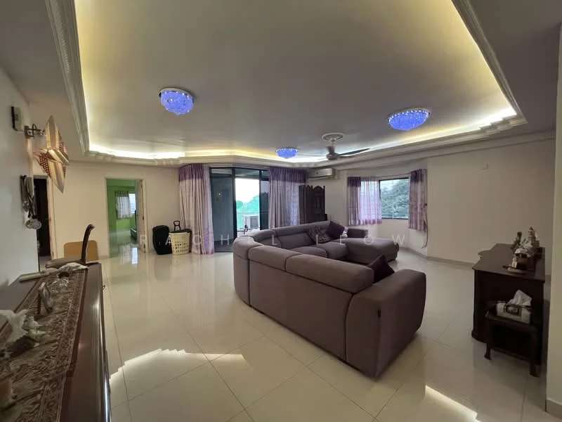 Living features: L-shape sectional sofa in grey, marble tile flooring, recessed downlights, chandelier with blue lighting, floor-to-ceiling windows, sliding glass door, sheer curtains, decorative wall star, wall-mounted air conditioning unit, coffee table, TV console, area rug; style: modern; view: garden.