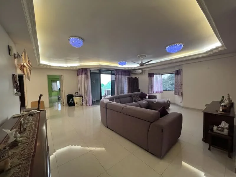 Living features: grey L-shape sectional sofa, marble tile flooring, tray ceiling with recessed lighting, two blue pendant lights, floor-to-ceiling windows, sliding glass door, curtains in purple, wall-mounted air conditioning unit, decorative console table, wall-mounted mirror; style: modern; view: garden.