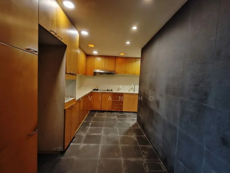 Kitchen features: wood cabinetry, black stone wall, black tile flooring, stainless-steel range hood, built-in oven, gas hob, single-bowl stainless-steel sink, chrome pull-down faucet, under-cabinet lighting, recessed ceiling lights; style: modern.