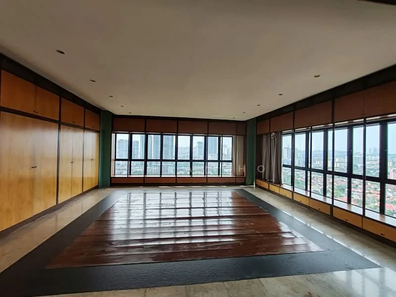 Room features: large floor-to-ceiling windows, wood paneling on walls, marble flooring, wooden flooring in center area, city skyline view, recessed lighting, curtains, built-in cabinets, open layout; style: modern; view: city.