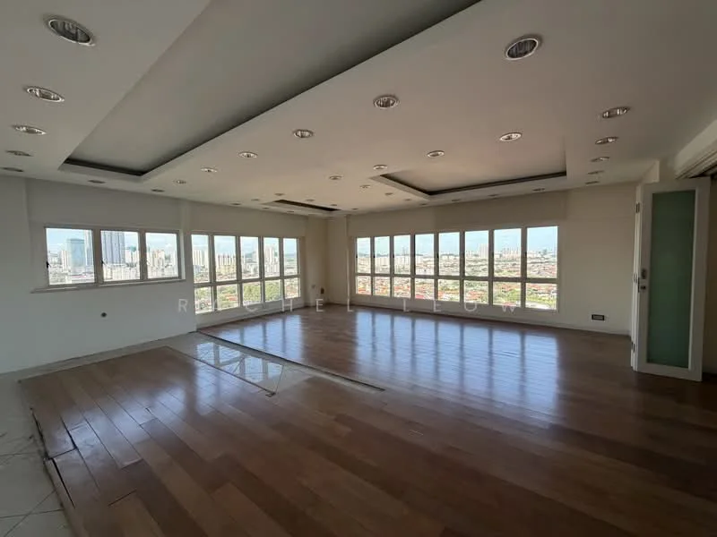 Living features: wooden flooring, white painted walls, tray ceiling with recessed lighting, floor-to-ceiling windows, city skyline view, multiple recessed downlights, central air conditioning vents, open layout; style: modern; view: city.