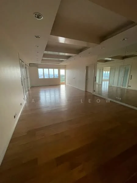 Room features: light wood flooring, white painted walls, tray ceiling with recessed lighting, floor-to-ceiling windows, mirrored wall, open layout, city view, multiple ceiling lights; style: modern; view: city.