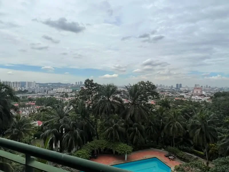 Exterior features: city skyline view, swimming pool, lush greenery, tropical landscaping, manicured lawn, palm trees, cloudy sky, outdoor area; style: tropical-modern.