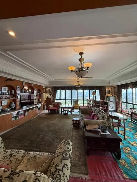Living features: large area rug with intricate pattern, cream painted walls with crown moulding, wooden flooring, 5-blade ceiling fan with light, chandelier, floor-to-ceiling windows, curtains, built-in shelving with decorative items, TV console, sofa with floral upholstery, coffee table, side table, armchair, decorative wall art; style: traditional; view: city.