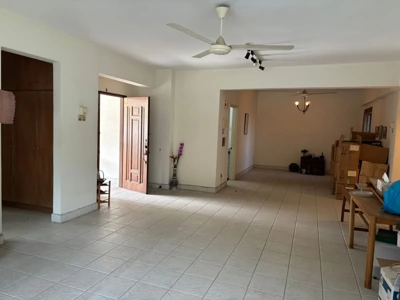 Room features: white painted walls, tile flooring, ceiling fan, recessed downlights, wooden front door, open layout, natural light from entrance, decorative wall sconce, chandelier, empty space with boxes, corner plant stand; style: traditional.