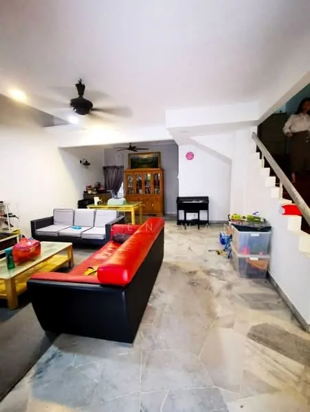 Living features: 3-seater fabric sofa in black, 2-seater fabric sofa in white, coffee table with wooden top, ceiling fan, marble flooring, wall-mounted TV, decorative cabinet, staircase leading to upper floor, area rug, potted plants, toys in storage bins; style: modern.