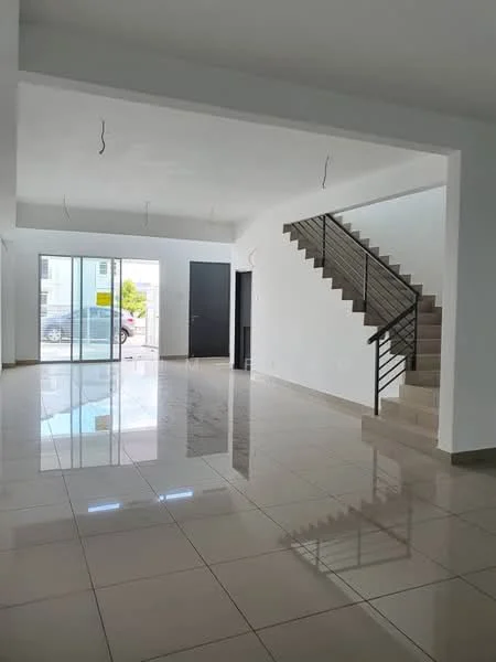 Living features: white painted walls, glossy tile flooring, staircase with metal railing, large glass sliding door, natural light from windows, ceiling lights, open layout, neutral color scheme; style: modern; view: street.