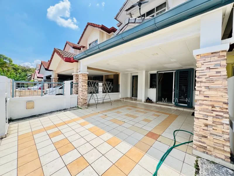 Exterior type: linked terrace house; features: paved outdoor area with tiles, stone cladding on columns, covered porch, laundry area with drying rack, surrounding greenery, gated entrance, two-storey house design, red tiled roof, white painted facade, windows with shutters; style: modern.