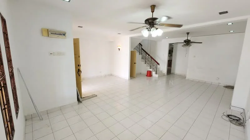 Living features: white painted walls, white tiled flooring, ceiling fan with light, 2 ceiling fans, staircase leading to upper floor, doorway leading to another room, light fixtures in ceiling, open layout.
