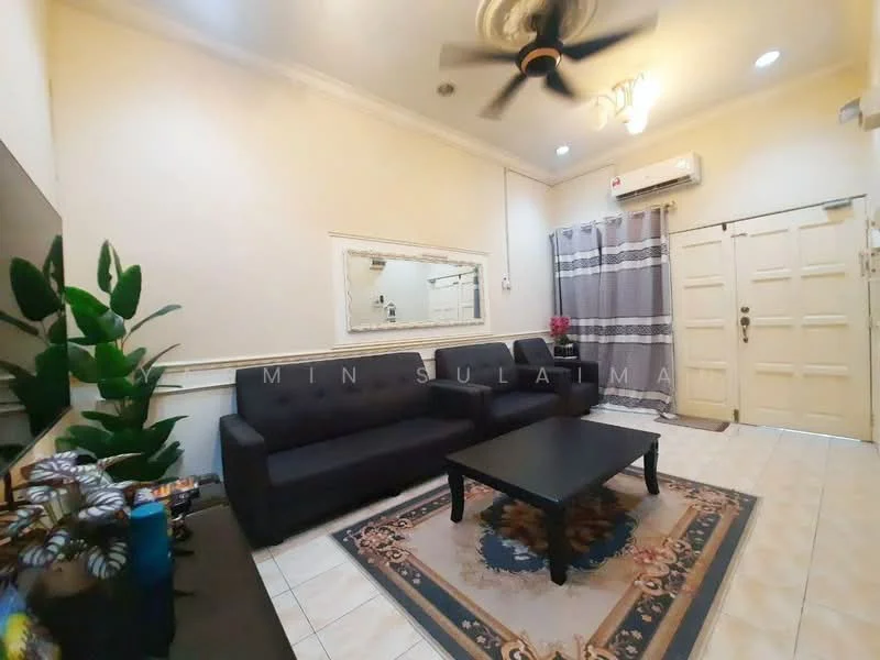 Living features: 2-seater fabric sofa in black, 3-seater fabric sofa in black, coffee table, area rug with floral pattern, wall-mounted TV, ceiling fan with light, wall mirror, curtains with grey and white stripes, decorative plant in ceramic pot, tile flooring, white painted walls, door with multiple panels; style: modern.