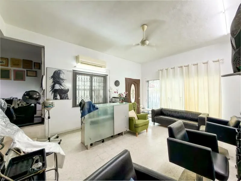 Living features: white painted walls, ceiling fan, large window with sheer curtains, tile flooring, green armchair, black leather sofa, black leather chairs, glass partition, reception desk, decorative wall art; style: modern.