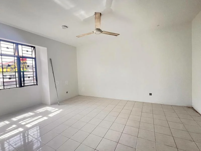 Room features: white painted walls, tile flooring, ceiling fan, large window, natural light, no visible furniture, plain ceiling, corner of the room with a pole; style: minimalist.