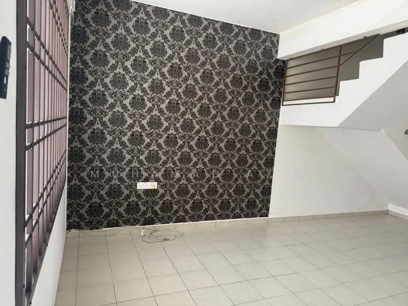 Room features: black wallpaper with damask pattern, white painted walls, light-colored tiled flooring, staircase with metal railing, large window with security bars, empty space, no visible furniture or decor; style: modern.