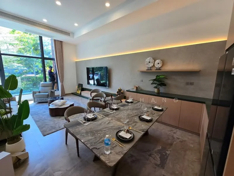Dining features: 6-seater dining table with marble top, upholstered dining chairs, decorative wall clock, wall-mounted TV, large windows with natural light, potted houseplants, grey area rug, wood cabinetry, neutral wall color, recessed ceiling lights; style: modern; view: garden.